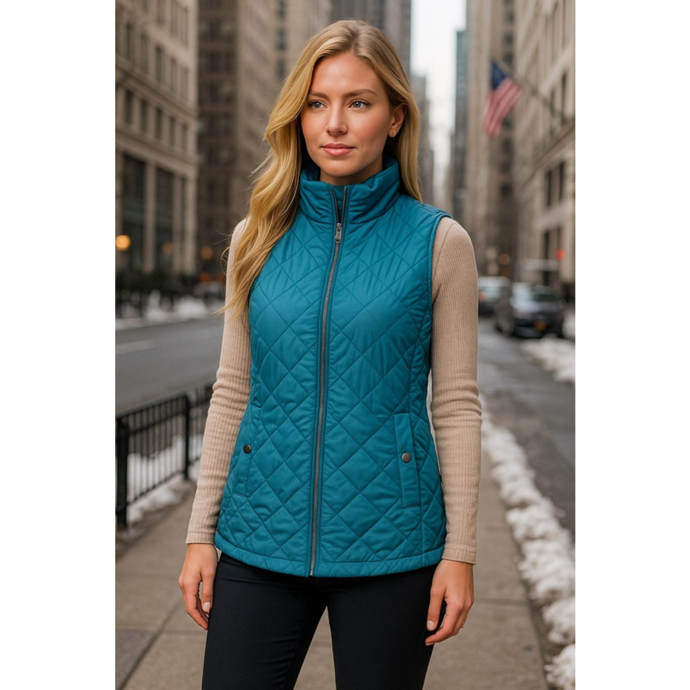 Christopher & Banks Puffer Vest Teal Quilted Snap Detail Classic Preppy Cozy Ski